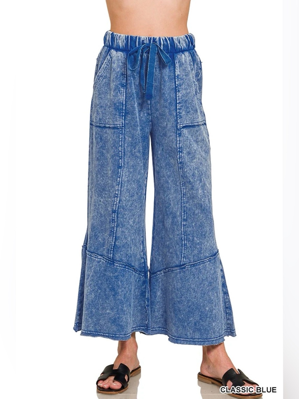 New Zenana Outfitters Elastic Wide Leg Lounge Pants ~ Mineral Wash Blue